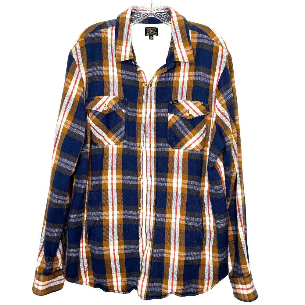 OBEY Shacket Western Plaid Button Down Waffle Flannel Long Sleeves Jacket Size L